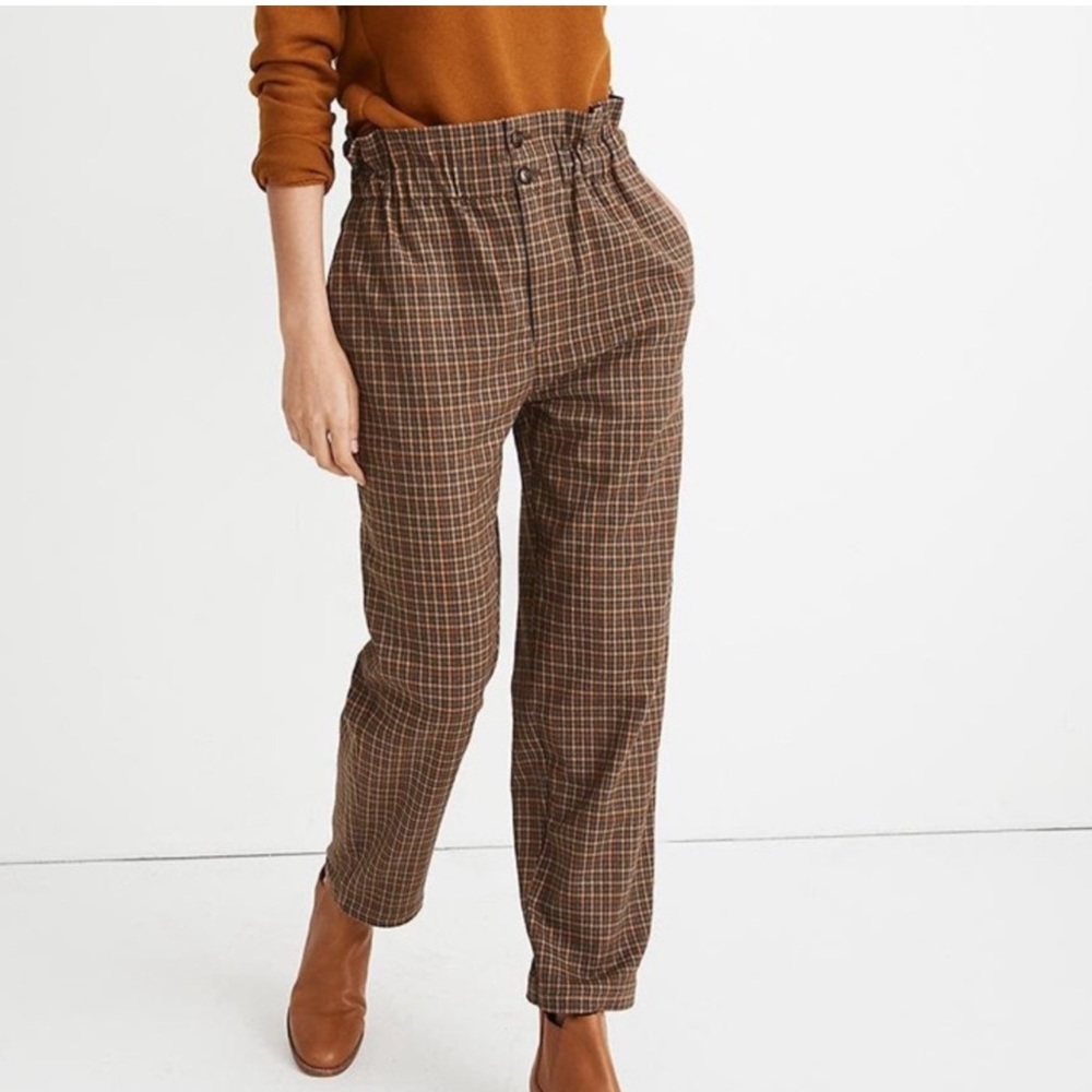 Madewell Grove Houndstooth High Rise Brown Plaid Paperbag Tapered Pants 2